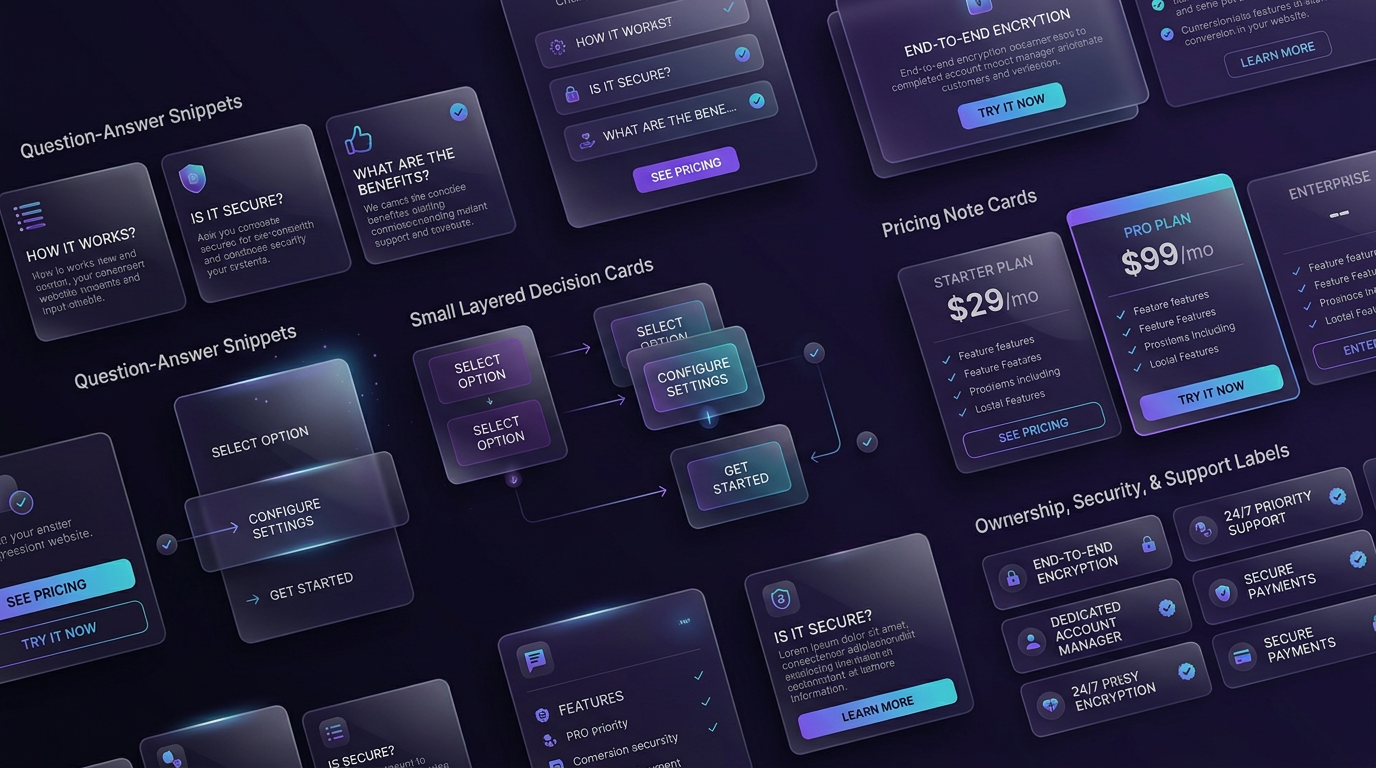 FAQ decision cards and pricing guidance illustration