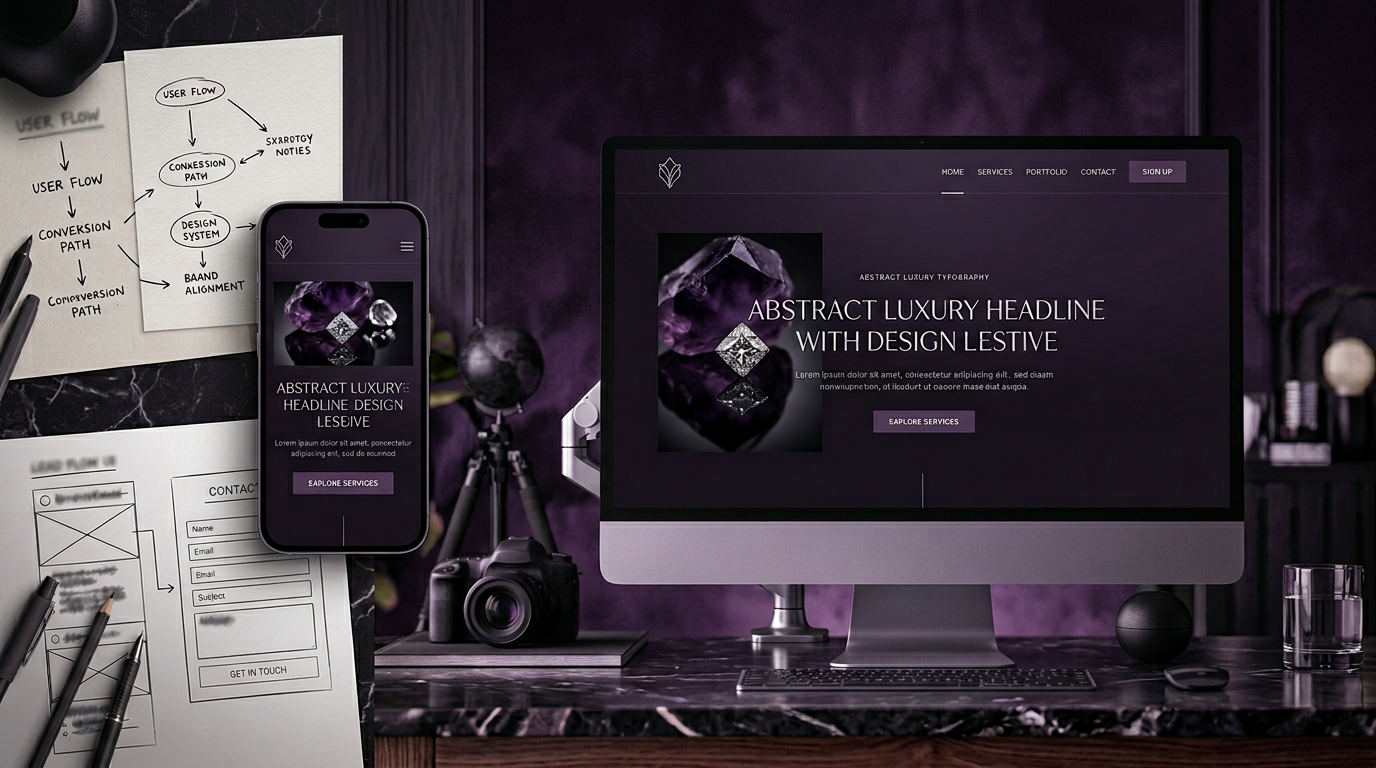 Premium editorial website build scene with desktop and mobile views