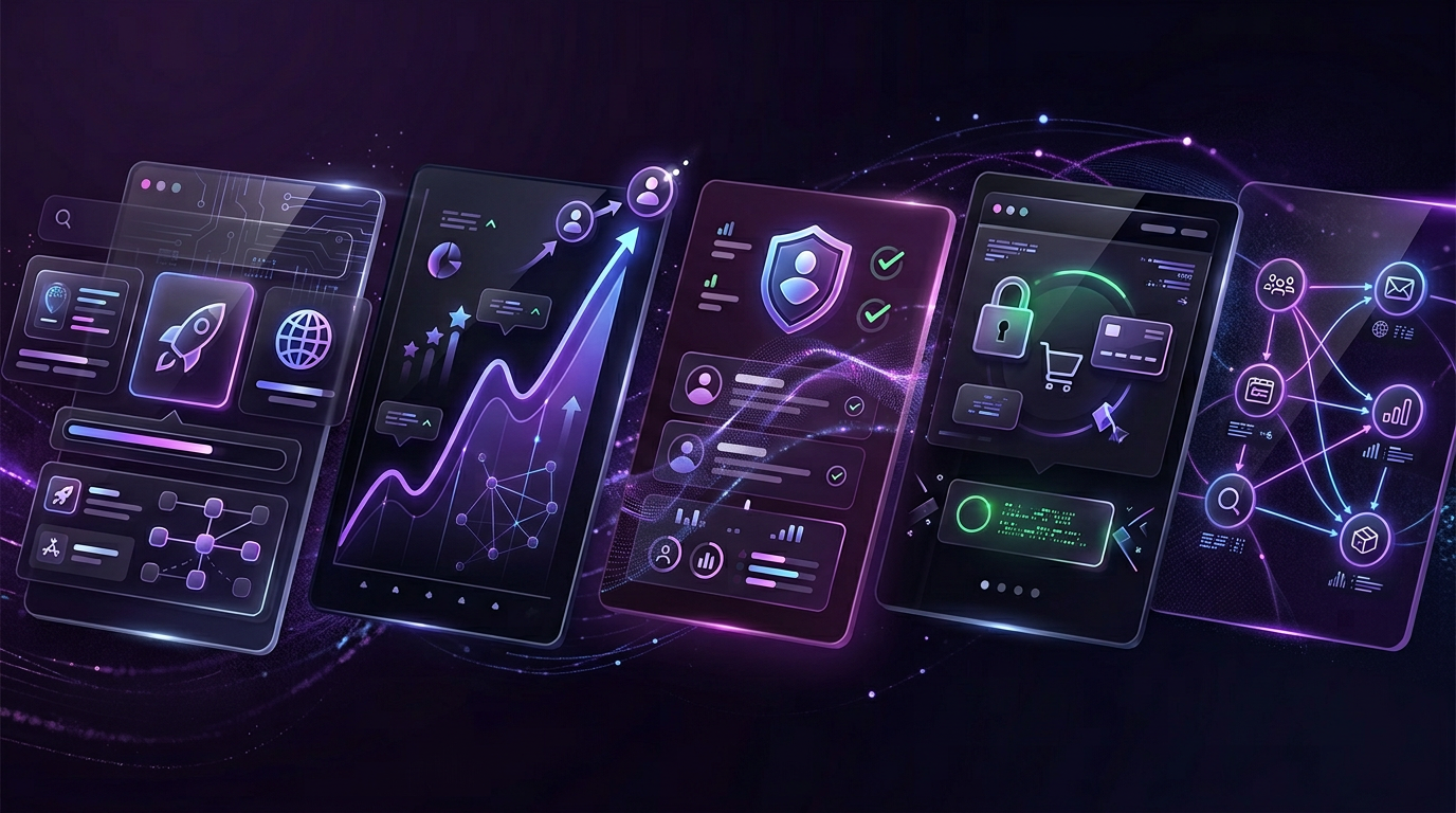 Editorial ribbon showing launch readiness, lead handling, payments, and automation connections
