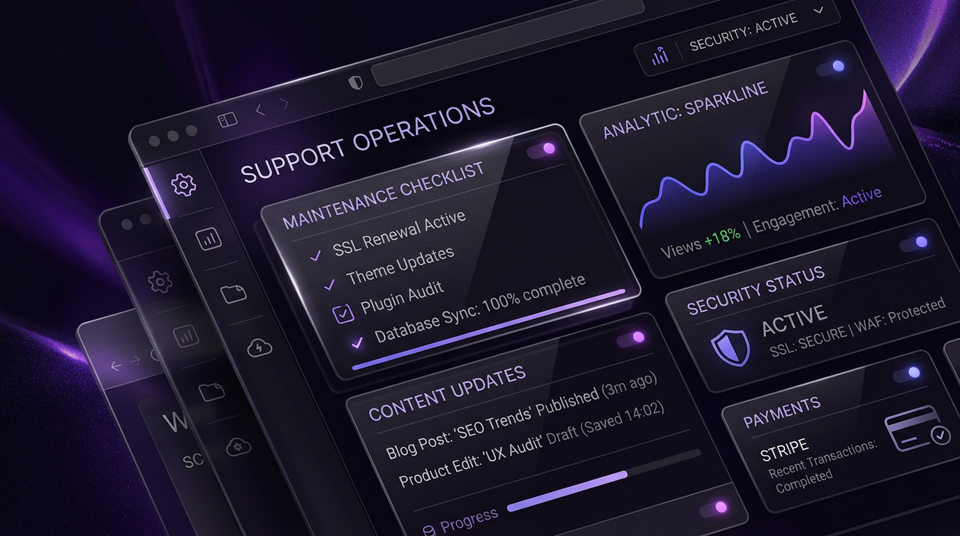 Compact support operations dashboard and maintenance checklist illustration
